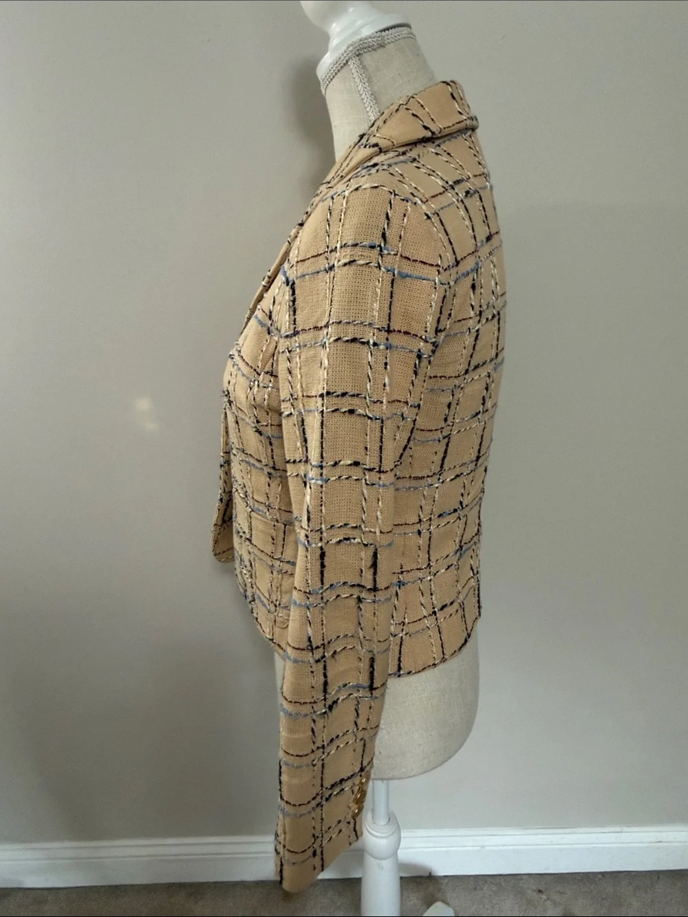 Tory Burch Beige Plaid Tweed Blazer with Navy Accents